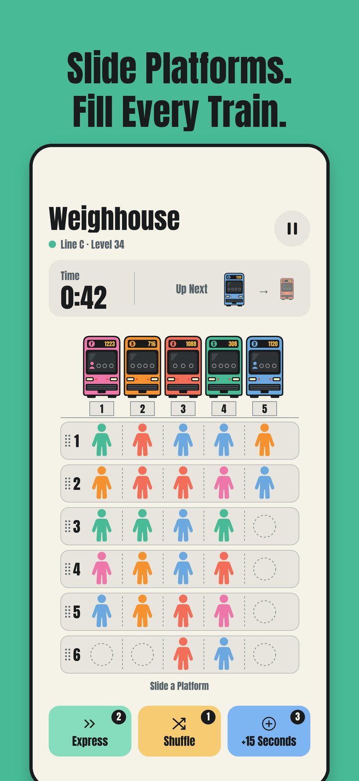 Weighhouse level with five trains and colored passengers on six platforms. Open the full-size image.