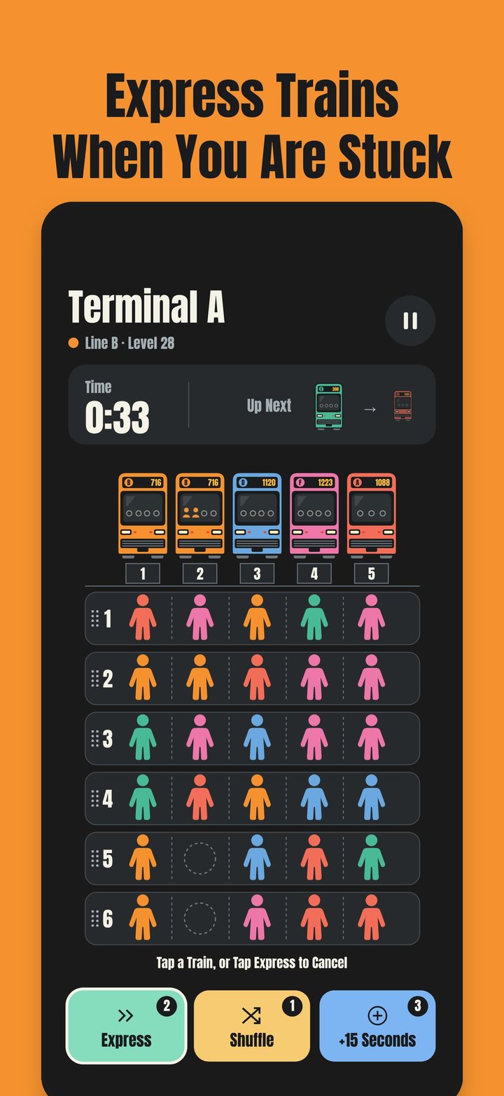 Terminal A level with Express trains and Express, Shuffle and +15 Seconds boosters. Open the full-size image.