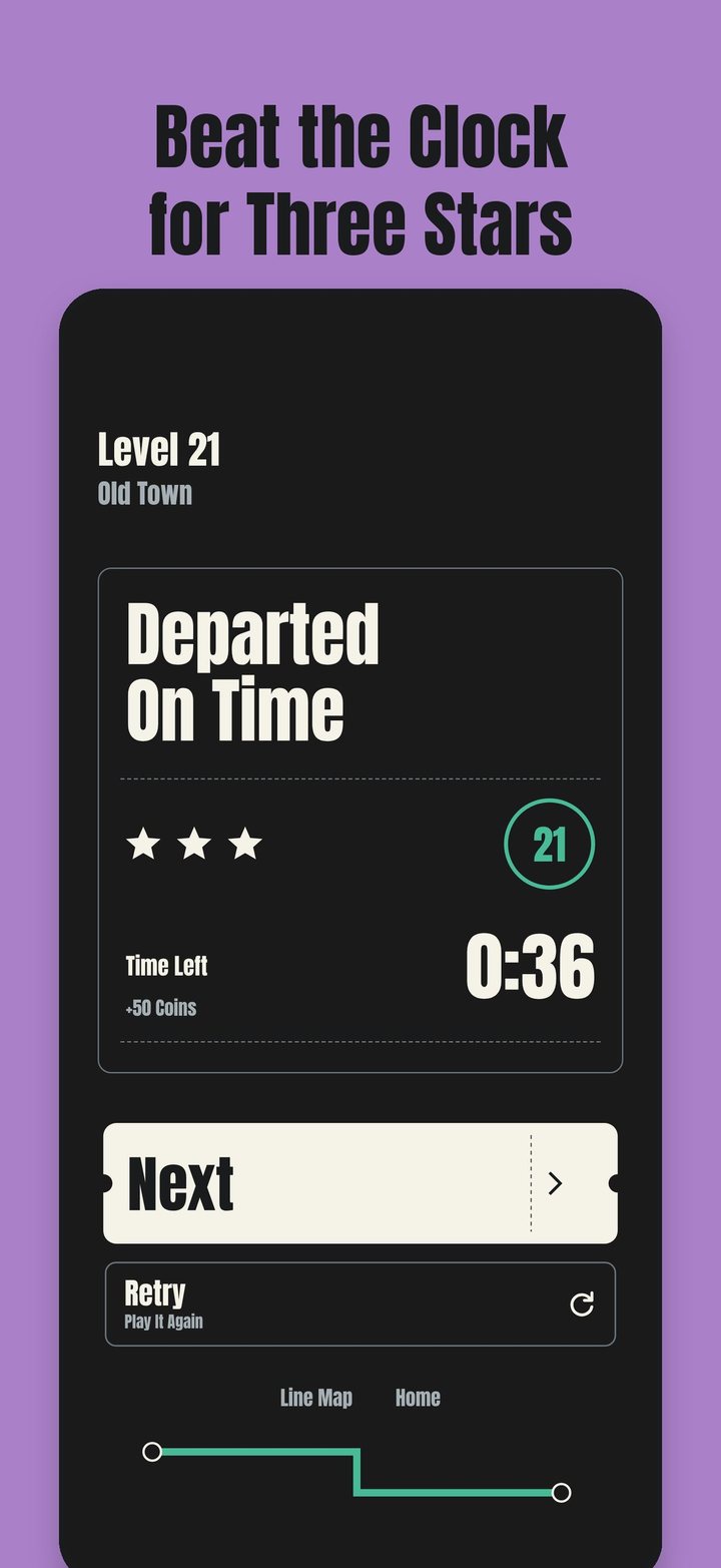 Level 21 results screen showing Departed On Time with three stars and 0:36 left on the clock. Open the full-size image.